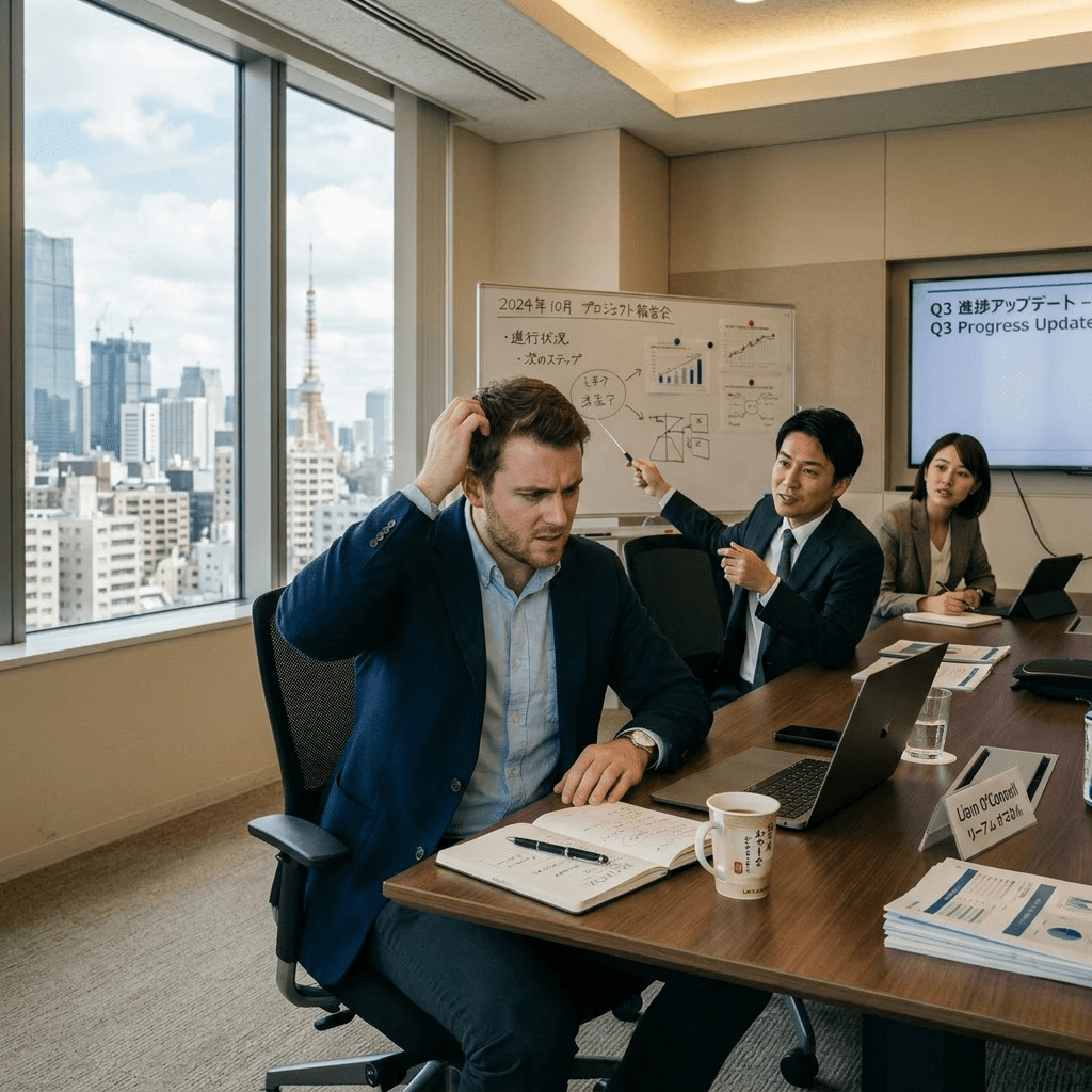 Man writing notes in a notebook at a conference table with laptop, coffee mug, and whiteboard in an office