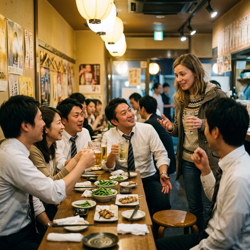Japanese coworkers drinking; foreign woman trying join