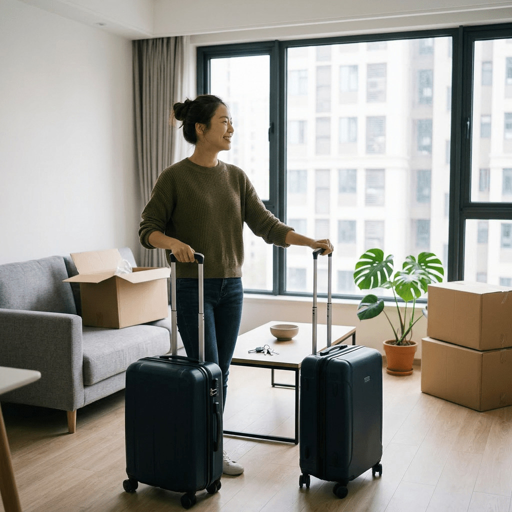 Woman turning on gas stove and adjusting wall-mounted heater in kitchen